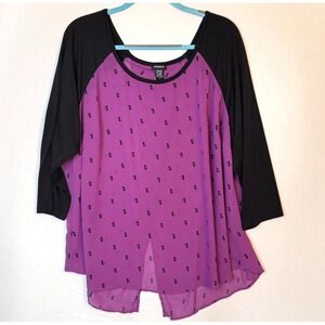 Torrid Purple Top Sx 2X Cat Print Split Back Sheer Blouse Novelty 3/4 Sleeve
